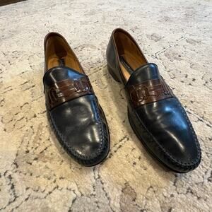 Johnston & Murphy Black w Brown Detail Leather Slip On Loafer Size 12 M